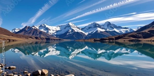 Fototapeta Majestic snow-capped peaks mirror in a pristine, calm lake under a vibrant blue sky. Tranquil alpine scenery, perfect reflection, tranquil, reflection, photography
