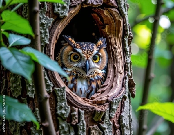 Fototapeta Northern Spotted Owl peering from a tree hollow, large expressive eyes, lush forest background, nature, tree