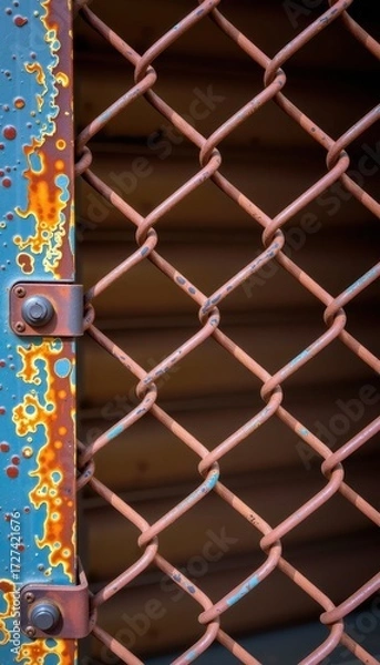 Fototapeta Rustic chain link fence with textured, rusted metal showing signs of age and weathering, detail, rusted chain link fence, corrosion