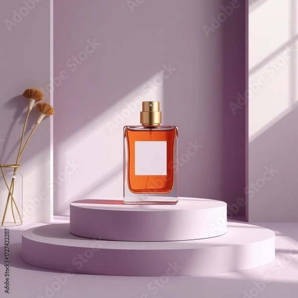 Fototapeta Simple perfume bottle mockup on a minimalist podium, clean studio background, elegant design, packaging mockup, display