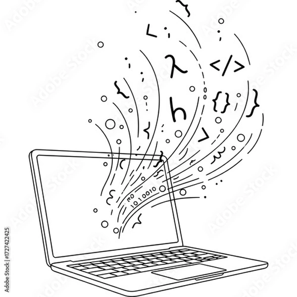 Obraz Abstract line art illustration of programming language symbols and data flowing from a laptop screen, representing web development and coding