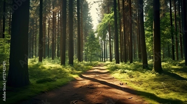 Fototapeta A photo of a tranquil forest path in a pine forest
