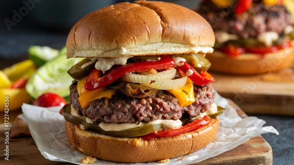 Fototapeta The burger is stacked high with sautéed onions and rasted bell peppers.