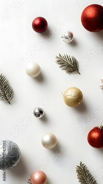 Obraz Minimalist flat lay with Christmas ornaments on white background