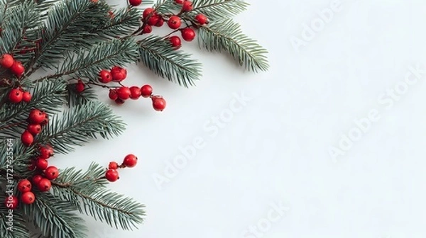Obraz Minimalist Christmas frame with green pine needles and red berries on white background