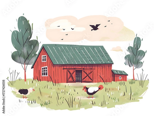 Fototapeta Rustic village farm drawing in color sketch, AI generated