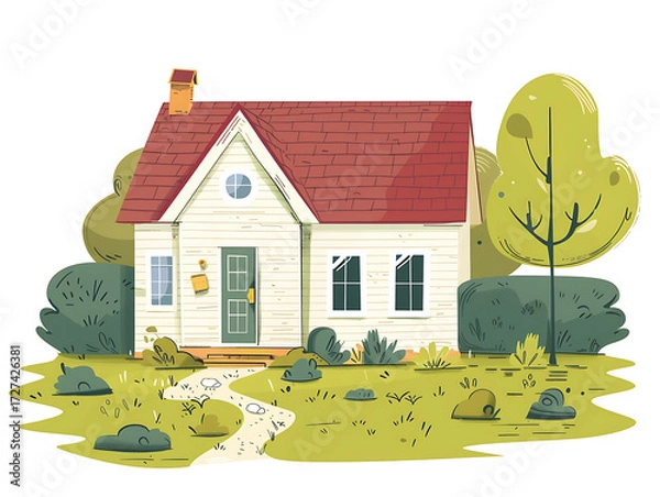Fototapeta Rustic village farm drawing in color sketch, AI generated