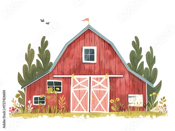 Fototapeta Rustic village farm drawing in color sketch, AI generated