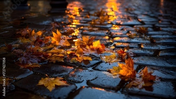 Obraz Rain-soaked autumn leaves on a cobblestone street
