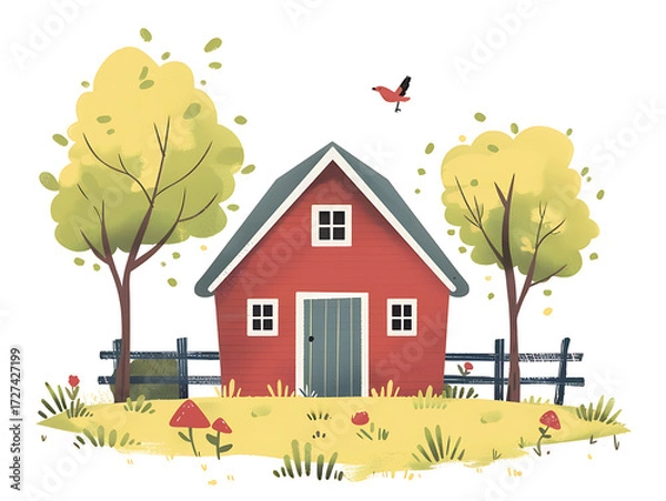 Fototapeta Rustic village farm drawing in color sketch, AI generated