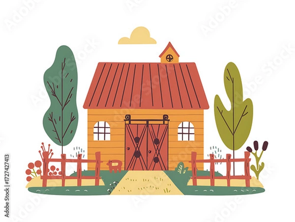Fototapeta Rustic village farm drawing in color sketch, AI generated