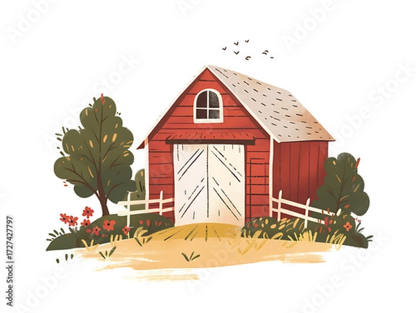 Fototapeta Rustic village farm drawing in color sketch, AI generated