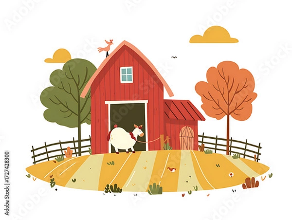 Fototapeta Rustic village farm drawing in color sketch, AI generated