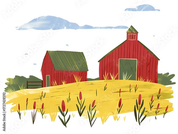 Fototapeta Rustic village farm drawing in color sketch, AI generated