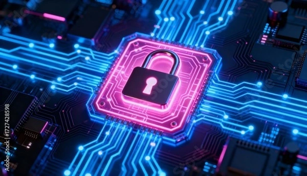 Fototapeta Secure data transmission concept with lock symbol integrated in futuristic circuit pattern on neon cyber background, digital encryption, cybersecurity protection, network privacy and information