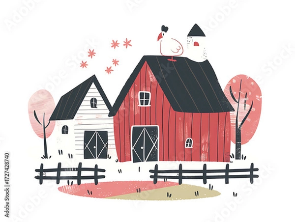 Fototapeta Rustic village farm drawing in color sketch, AI generated