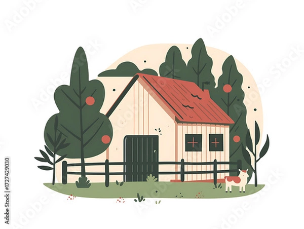Fototapeta Rustic village farm drawing in color sketch, AI generated