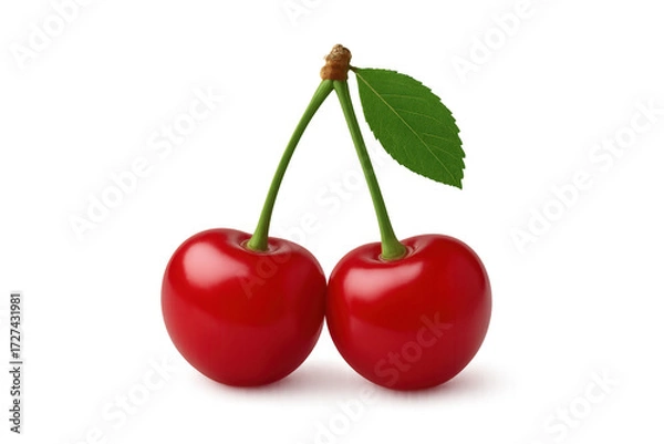 Fototapeta Ripe red cherries with green leaf transparent background
