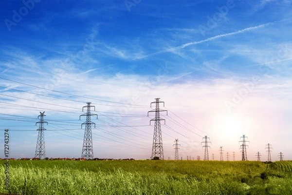 Fototapeta Power Line  at the Blue Sky