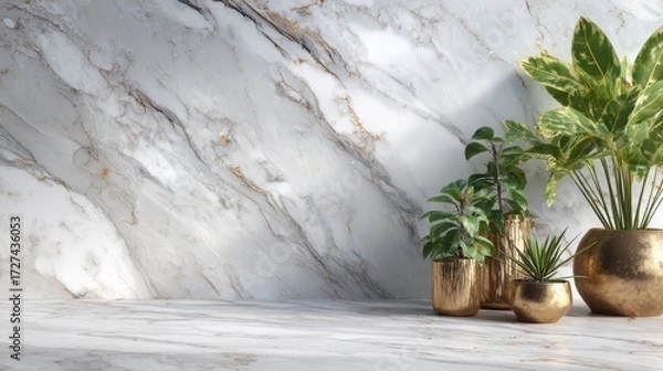 Fototapeta Marble desk background with plants in corner and open space for product placement