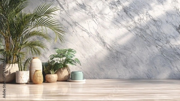Fototapeta Marble desk background with plants in corner and open space for product placement
