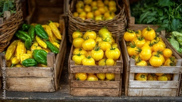 Fototapeta Market display with yellow tomatoes and peppers on wooden crates