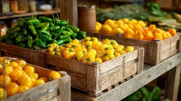 Fototapeta Market display with yellow tomatoes and peppers on wooden crates