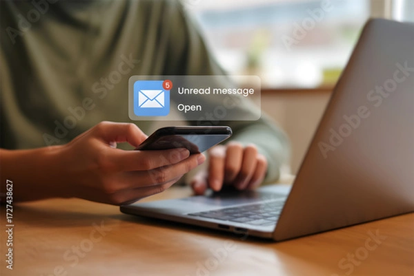 Obraz Person Checking Smartphone for New Email Notification with Unread Messages While Working on Laptop in Modern Workspace