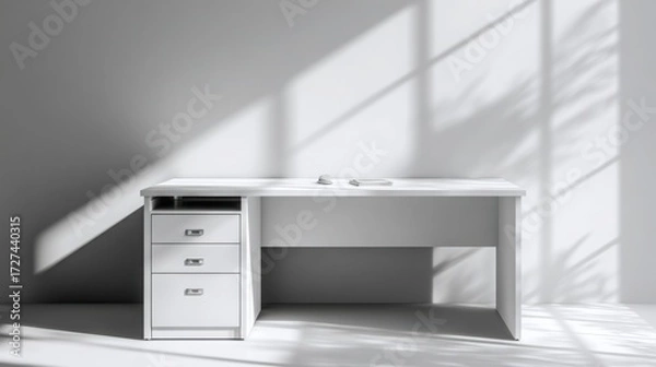 Fototapeta Minimal white office desk with soft shadows and space for text on top