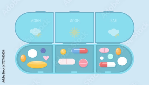 Fototapeta An open pill organizer with compartments for morn, noon, and eve doses. A box with capsules and pills for organizing medication intake. A daily reminder to take vitamins and prescription medications.
