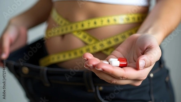 Obraz Concept of achieving weight loss goals with dietary supplements, shown by a slim waist, measuring tape, and oversized pants