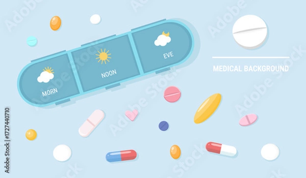 Fototapeta Horizontal background with a medicine box, with pills and capsules. Template of an empty box with various pills on the background for daily intake. Concept of a medicine organizer. Pharmacists Day.