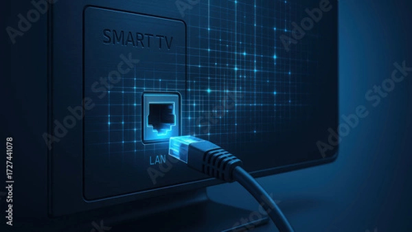 Fototapeta Smart tv lan port with glowing ethernet cable illustrating smart data flow and network connection in blue futuristic setting evoking fast streaming and secure connectivity