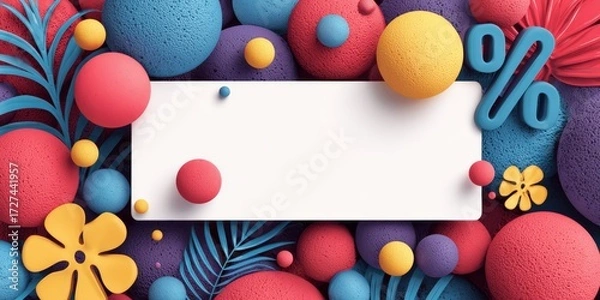Fototapeta colorful abstract discount graphic with central white space surrounded by 3D geometric shapes, floral elements, and large blue percentage symbol in festive design