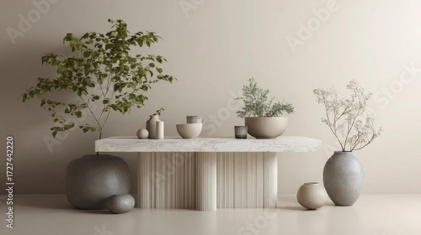 Fototapeta Modern clean table with neutral props and a large empty area for branding overlay