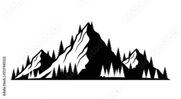 Fototapeta Vector Silhouette of Mountain Range with Pine Trees in Black and White