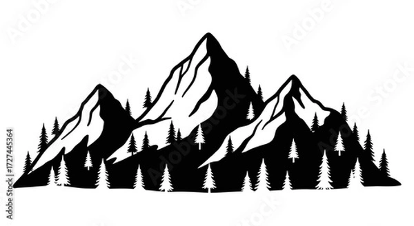 Fototapeta Vector Silhouette of Mountain Range with Pine Trees in Black and White