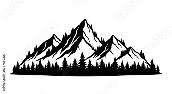 Fototapeta Vector Silhouette of Mountain Range with Pine Trees in Black and White