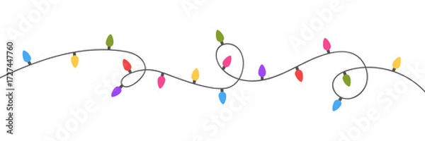 Fototapeta Christmas color light string garland frame. Holiday bright decoration. Fairy glowing colorful bulb. Led neon lamp banner. New Year luxury baubles. Celebration party. Vector illustration