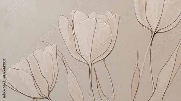 Fototapeta Off-white canvas with minimalist tulip line drawings, soft and elegant