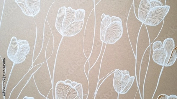 Fototapeta Off-white canvas with minimalist tulip line drawings, soft and elegant