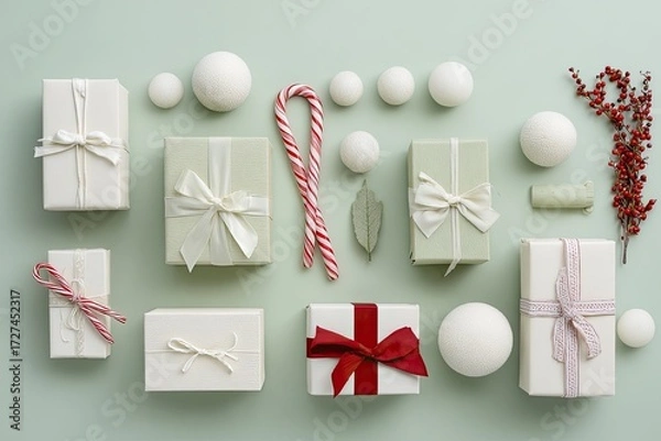 Fototapeta Festive gift arrangement on mint green background