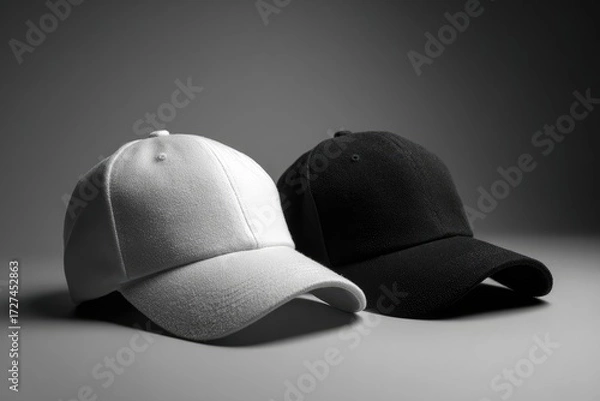 Fototapeta Two blank baseball caps, white and black, on a gray background (1)
