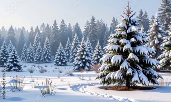 Fototapeta Misty winter scene with snow-laden evergreen trees, tranquil and serene landscape, season, forest, trees
