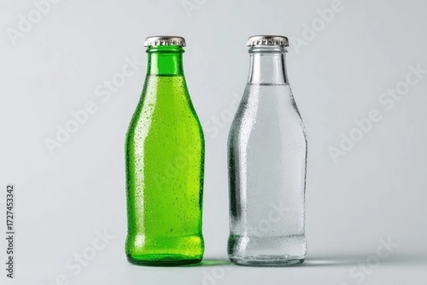 Fototapeta Two beverage bottles, one green and one clear, on a light gray background
