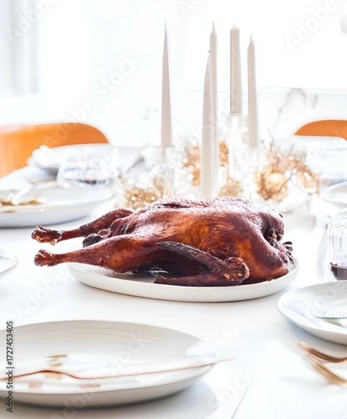 Fototapeta Close-up roasted duck on a white holiday table surrounded by candles, dinnerware and soft winter daylight. Elegant festive dining setup.