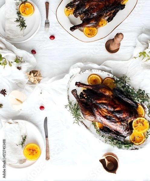 Fototapeta Top-view festive table with roasted duck, oranges, herbs, white linens, candles and rustic details. Bright holiday meal setup.