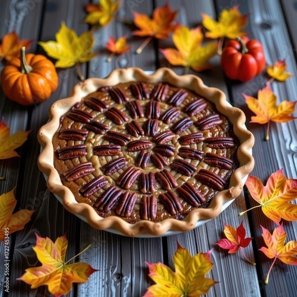 Fototapeta Rustic autumn pecan pie, homemade with a flaky crust, sits on a weathered wood surface, surrounded by fall leaves, autumn leaves, sweet, nature