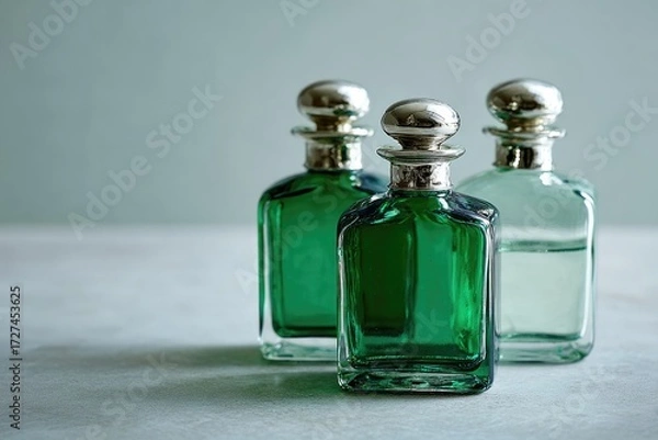Fototapeta Three emerald green glass bottles with silver tops, arranged on a light gray surface