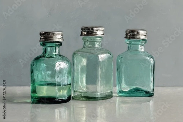 Fototapeta Three small, rectangular glass bottles, pale teal/green in color, arranged in a row against a light gray backdrop